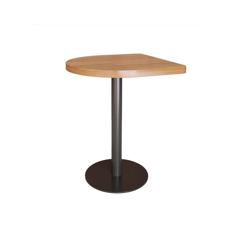 A round wooden table with a black metal pedestal base, ideal for cafes and small dining spaces.