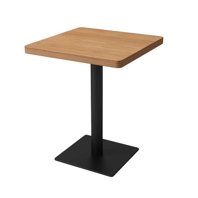 Square dining table with a multilayer wood veneer top and a black metal base, ideal for cafes and modern dining spaces.