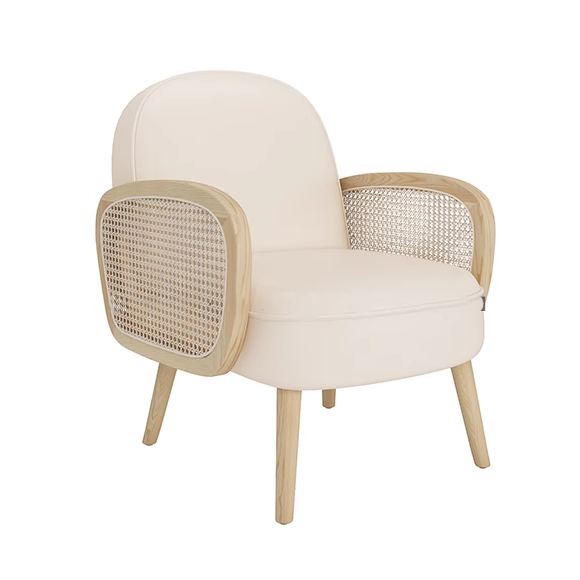 White leather lounge chair with a wooden frame and woven cane sides, mid-century modern style.