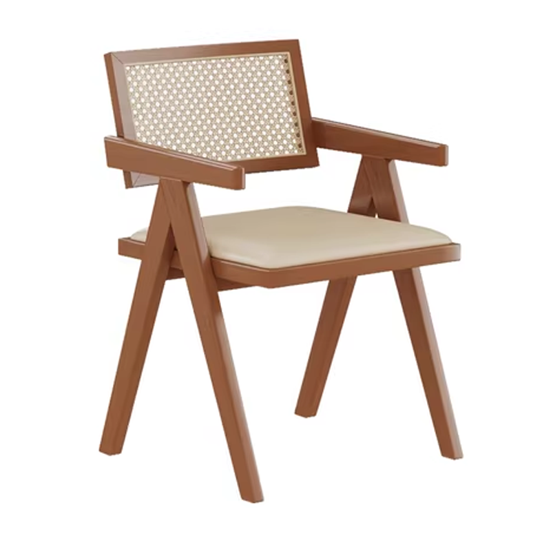 Elegant beige cane back chair with wooden frame and armrests, ideal for modern dining or office settings.