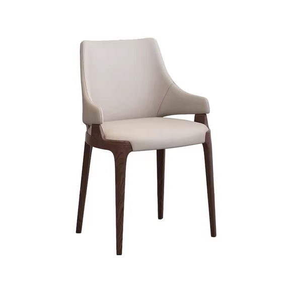 Contemporary beige leather chair with wooden legs and arms, offering a sleek and comfortable seating solution for modern spaces.