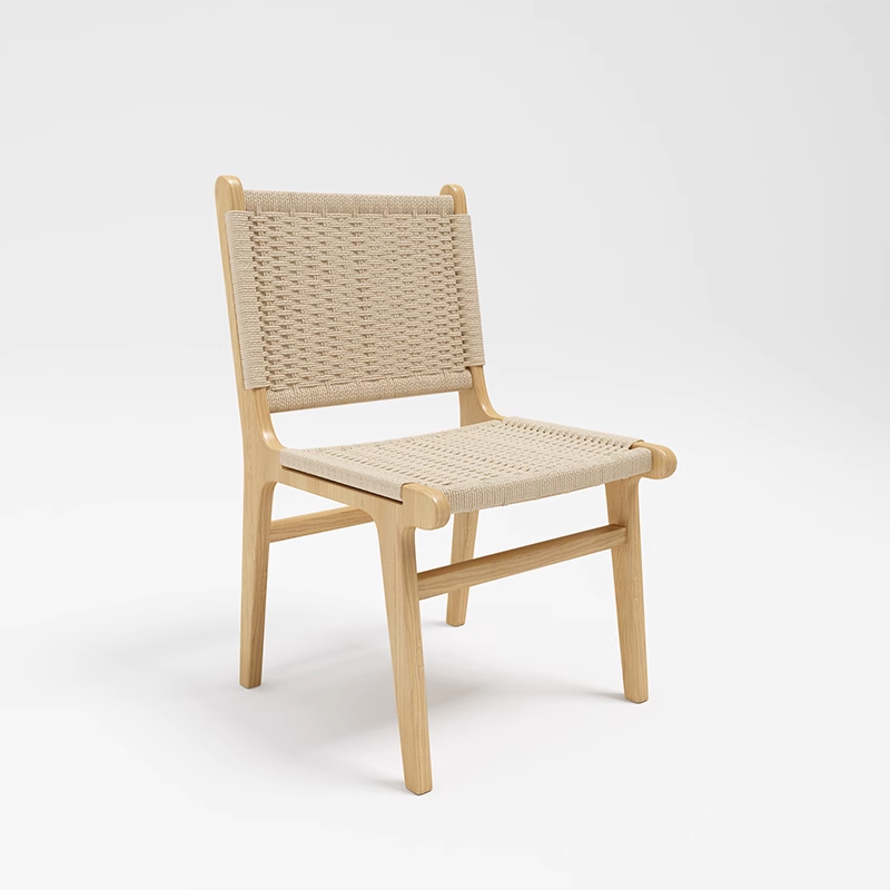 Modern wooden dining chair with a beige woven seat and backrest, offering a minimalist and elegant design.