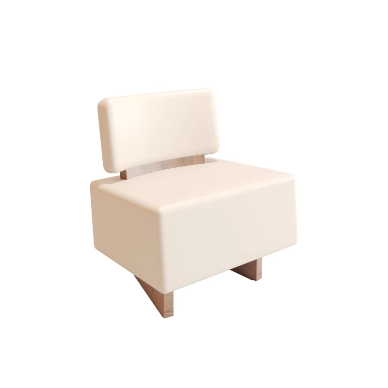 Beige padded sofa chair with wooden base and clean, minimalist design, showcasing detailed dimensions.