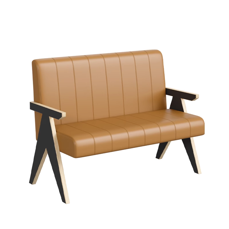 Bench with brown leather upholstery and modern wooden armrests.