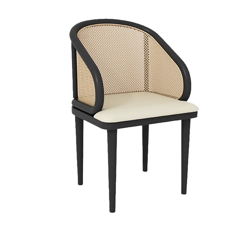 Black wooden chair with a cane backrest and cream cushioned seat, offering a stylish and comfortable design for modern interiors.