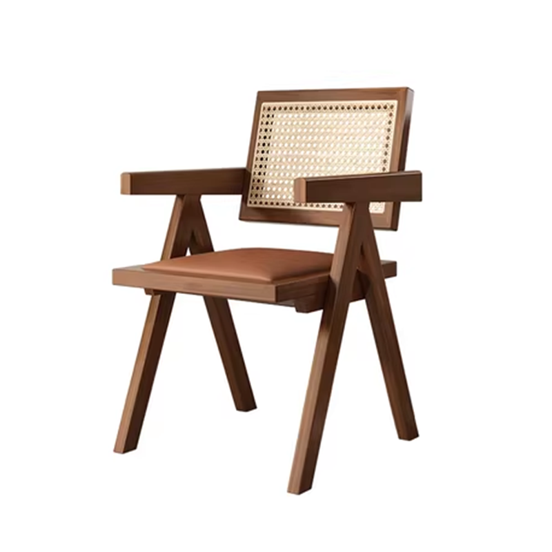 Stylish brown cane back chair with a wooden frame and armrests, perfect for contemporary dining or lounge areas.