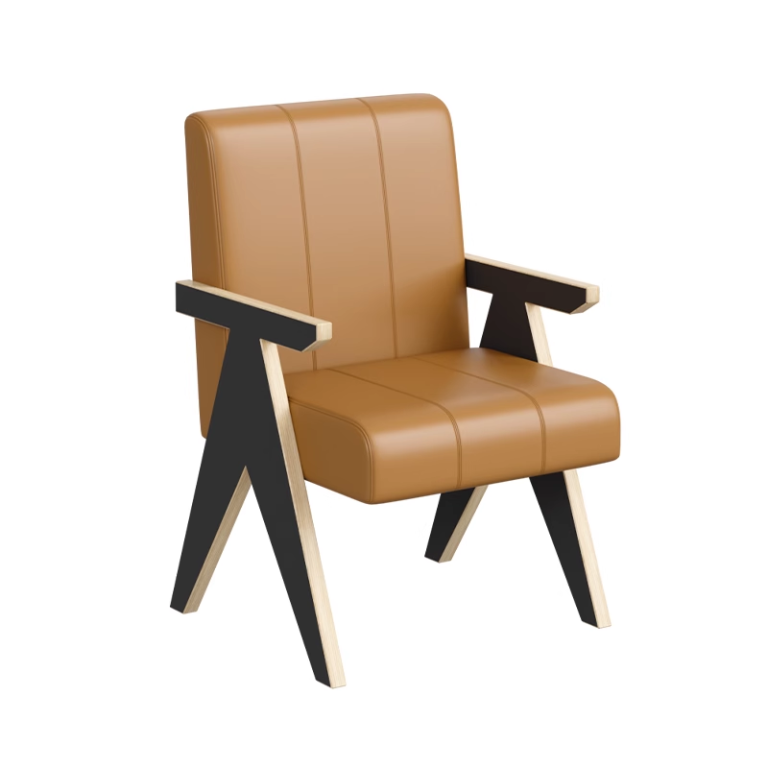 Brown leather restaurant chair with wooden armrests and sleek design.