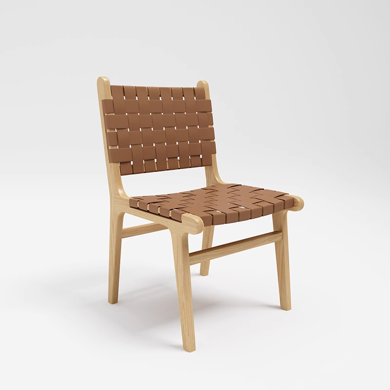 Wooden dining chair with a brown woven seat and backrest, ideal for modern dining spaces.