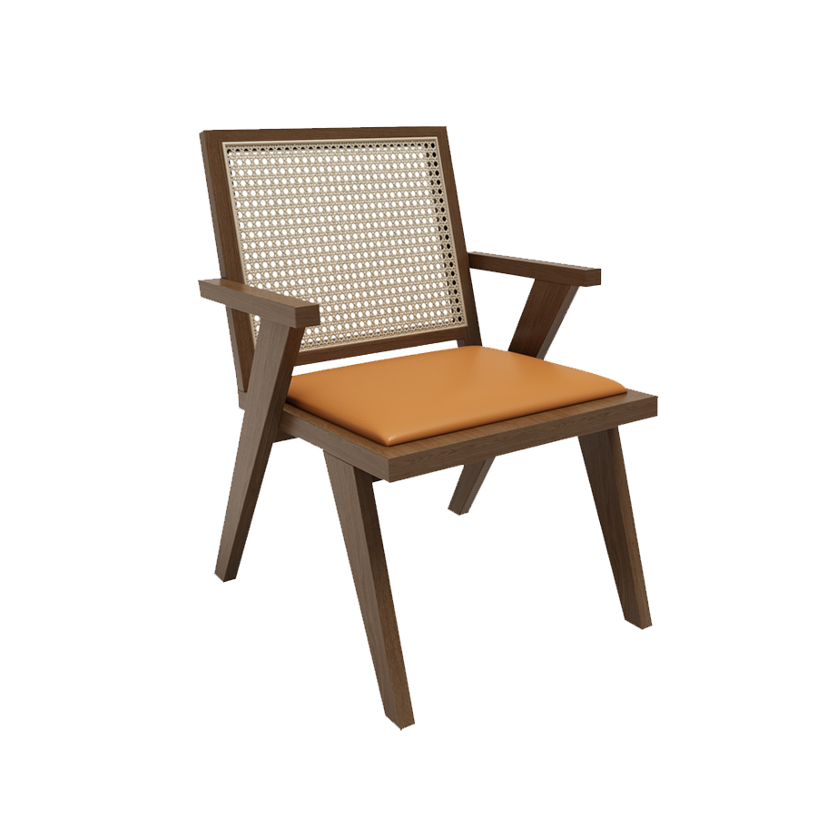 Cane-Back Wooden Chair with Orange Cushion