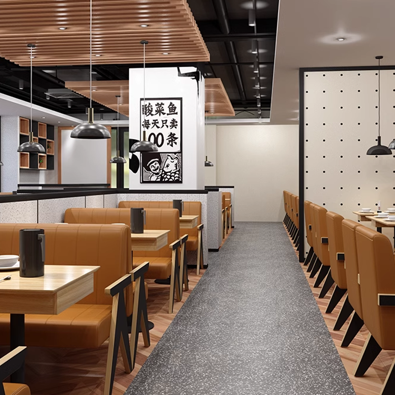 Contemporary restaurant booth seating layout featuring brown leather chairs, wooden tables with black bases, pendant lighting, and modern partition designs for a stylish dining environment.