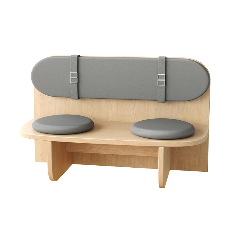 Dual seat wooden bench with grey cushions and backrest, displaying dimensions for clarity.