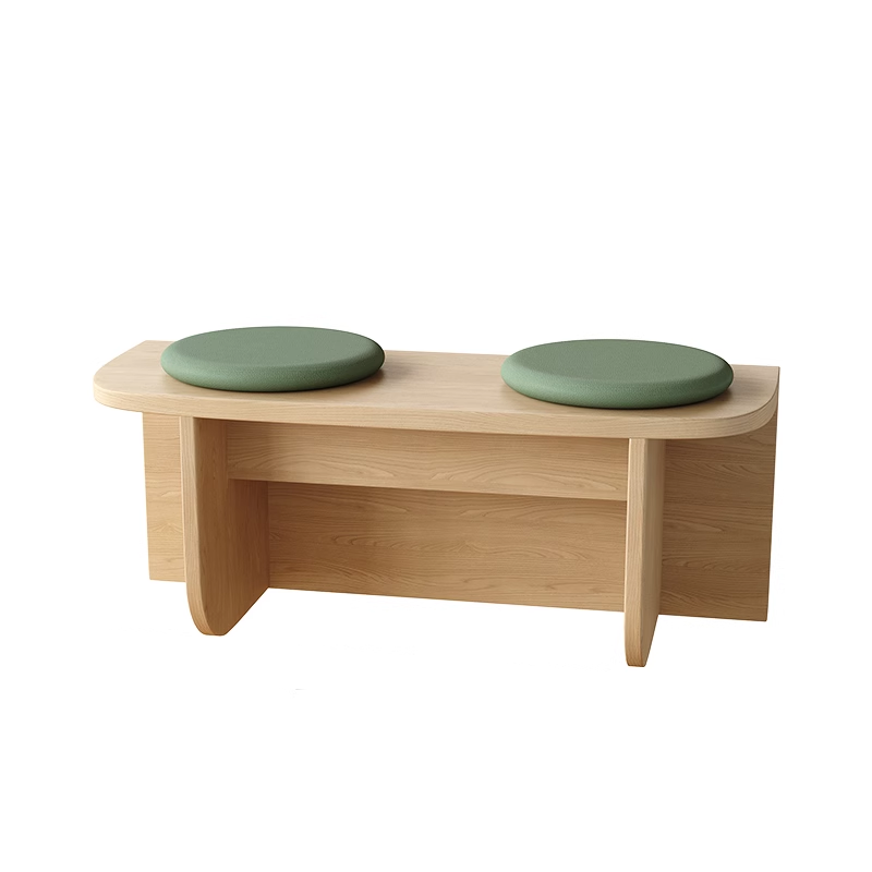 Double wooden bench with grey round cushioned seats, ideal for contemporary interiors