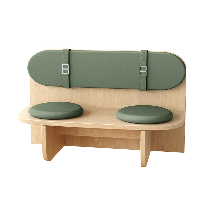 Double seat wooden bench with green cushions and backrest, showcasing dimensions for reference.