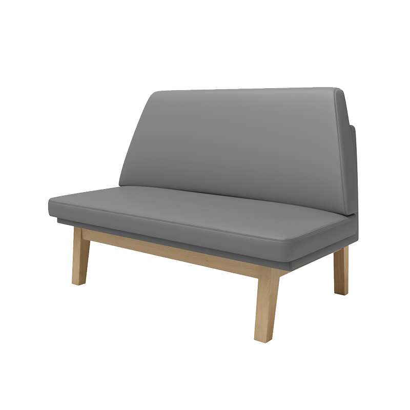 Gray cushioned bench with a wooden frame, designed for modern cafes and dining areas.