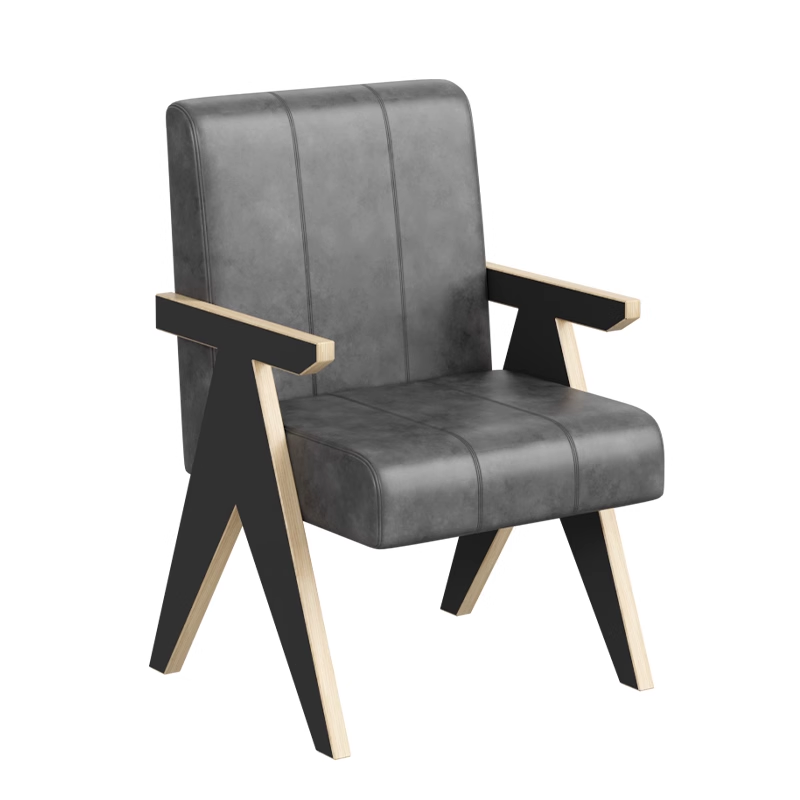 Gray leather restaurant chair with wooden armrests and modern design.