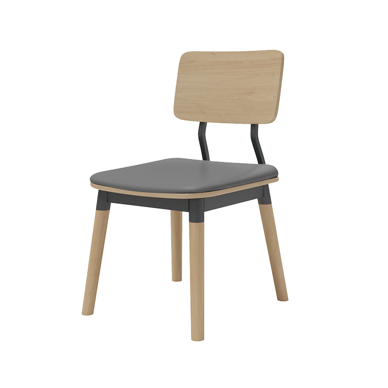 Gray cushioned wooden dining chair with a natural wood backrest and sturdy frame, perfect for modern cafes and dining spaces.