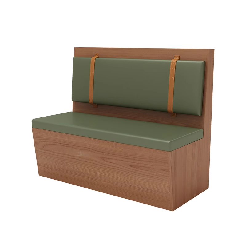 Wooden bench seating with green cushions and leather straps for backrest support.