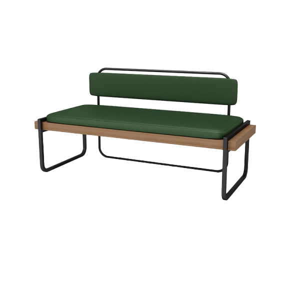 Modern industrial bench with green leather cushions, metal frame, and wooden accents, measuring 120CM wide.