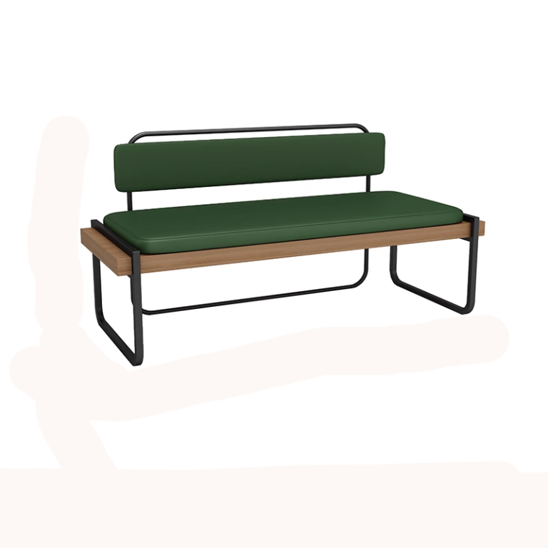 Modern industrial bench with green leather cushions, metal frame, and wooden accents, measuring 120CM wide.