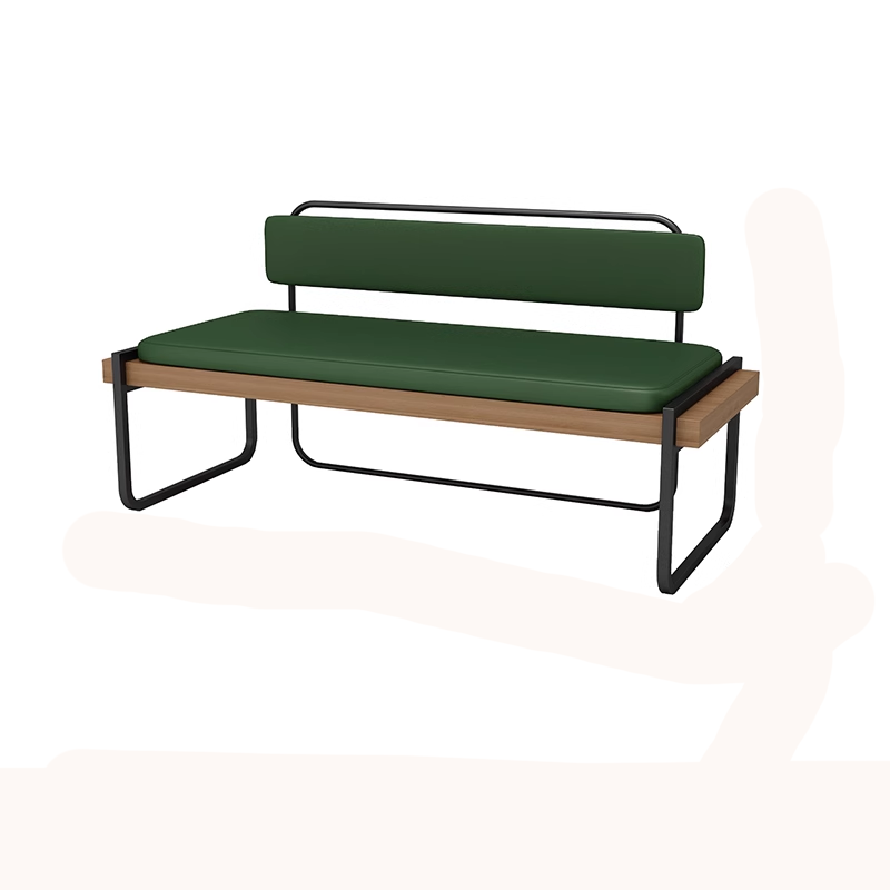 Modern industrial bench with green leather cushions, metal frame, and wooden accents, measuring 120CM wide.