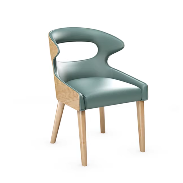 Green leather chair with a unique design featuring a curved backrest and wooden legs, suitable for dining or lounge areas.