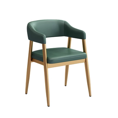 Green leather dining chair with gold frame, perfect for modern restaurant interiors.