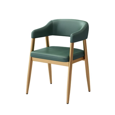 Green leather dining chair with gold frame, perfect for modern restaurant interiors.