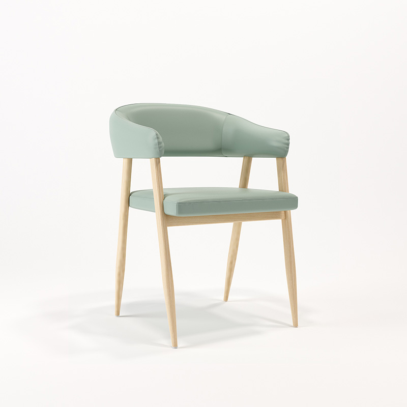 Modern dining chair with a green padded backrest and seat, supported by natural wooden legs.