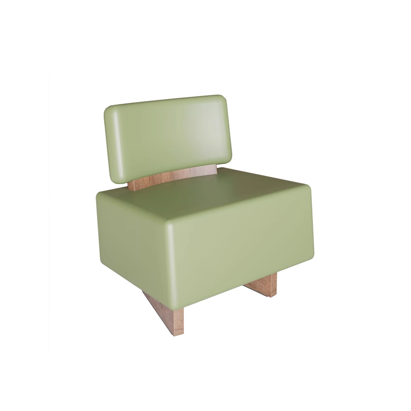 Green padded sofa chair with wooden base and modern design, displaying detailed dimensions.