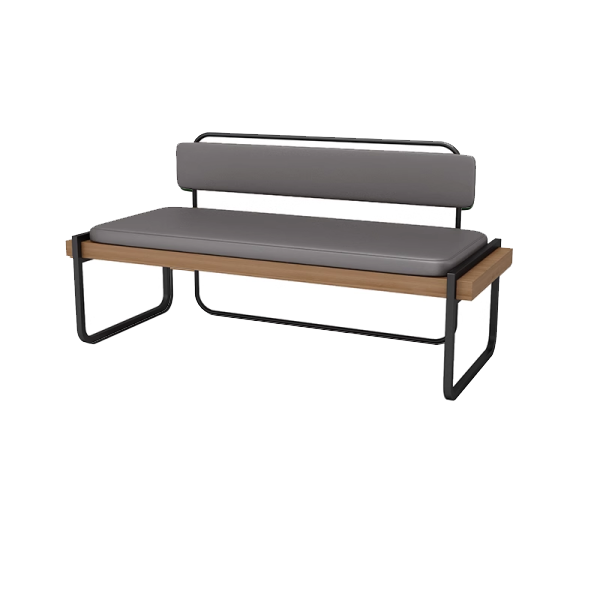 Modern industrial bench with grey leather cushions, metal frame, and wooden accents, measuring 120CM wide.