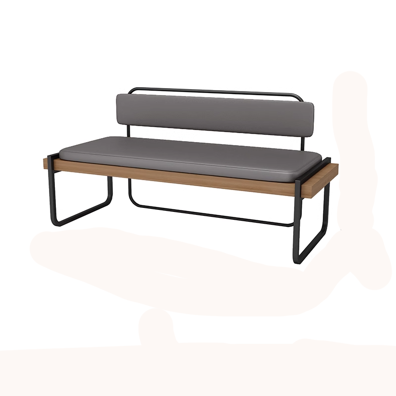 Modern industrial bench with grey leather cushions, metal frame, and wooden accents, measuring 120CM wide.