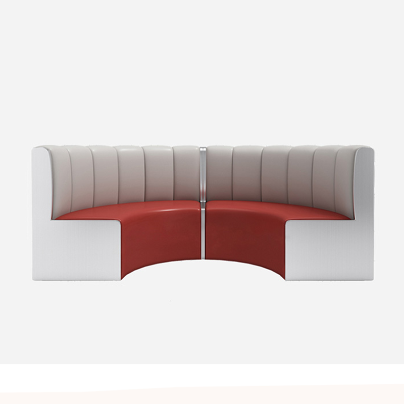 Half-circle booth seating with red and white two-tone upholstery, designed for modern dining spaces.