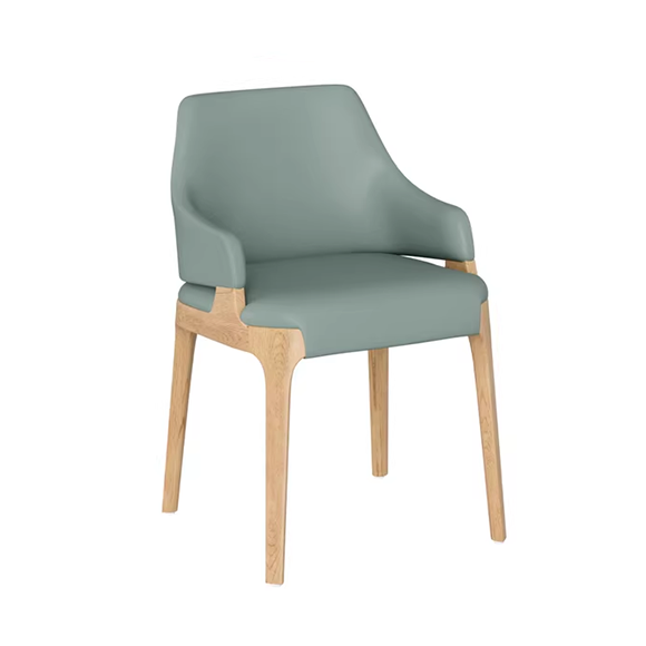 Light blue chair with wooden legs and armrests, designed for comfort and style in modern dining rooms or lounge areas.