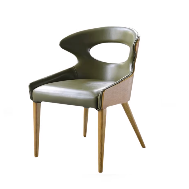 Light blue chair with wooden legs and a unique curved backrest design, adding a modern touch to dining or living spaces.