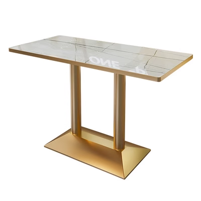 Rectangular marble-top dining table with a gold metal base, designed for stylish dining environments.