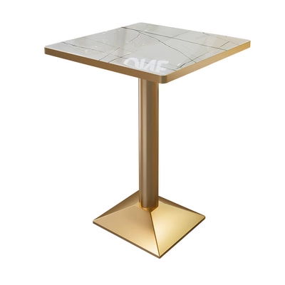 Square dining table with a marble top and gold metal frame, ideal for modern cafes.