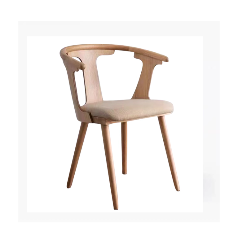 Minimalist wooden armchair with a beige cushioned seat and a distinctive curved backrest design, perfect for dining or accent seating.