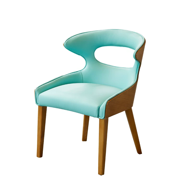 Stylish modern blue chair with curved backrest and wooden legs, ideal for contemporary dining or office spaces.