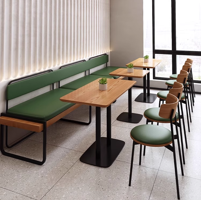 Modern cafe seating with green cushioned benches, wooden tables, and matching chairs, complemented by a light-filled environment and minimalist decor.