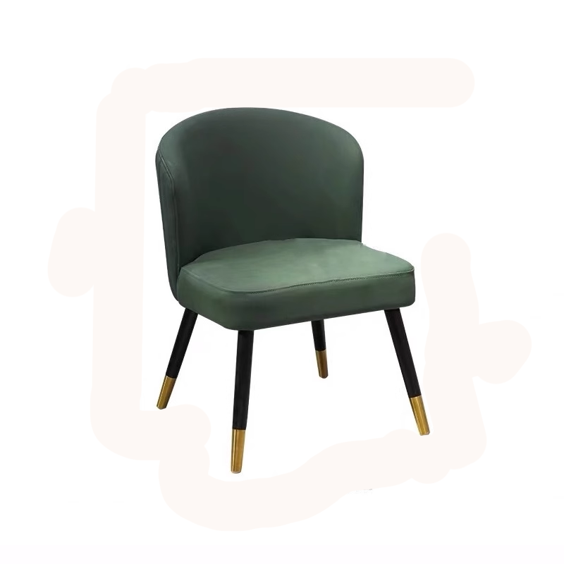 Stylish dark green leather dining chair with a rounded backrest, black legs, and gold-tipped accents.