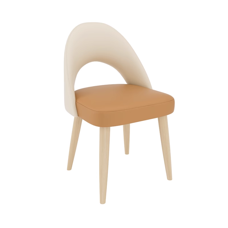 Modern dining chair with an orange cushion seat, a curved beige backrest, and wooden legs.