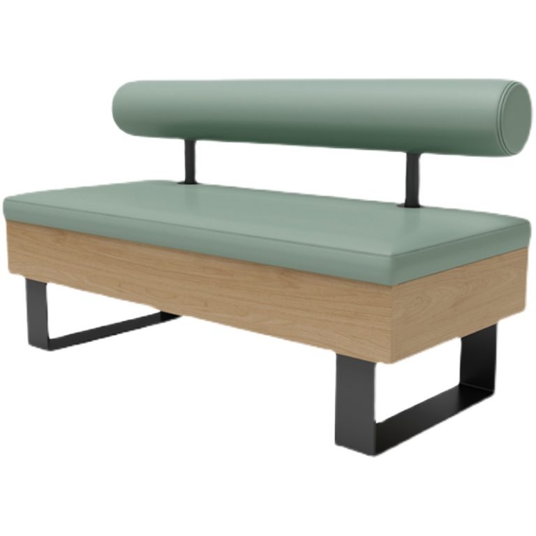 Green cushioned bench with a cylindrical backrest, wooden frame, and black metal base, designed for modern dining spaces.