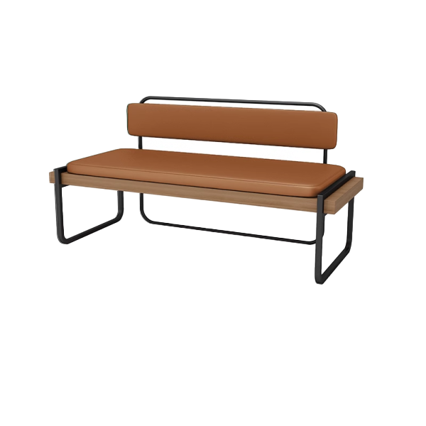 Modern industrial bench with brown leather cushions, metal frame, and wooden accents, measuring 120CM wide.