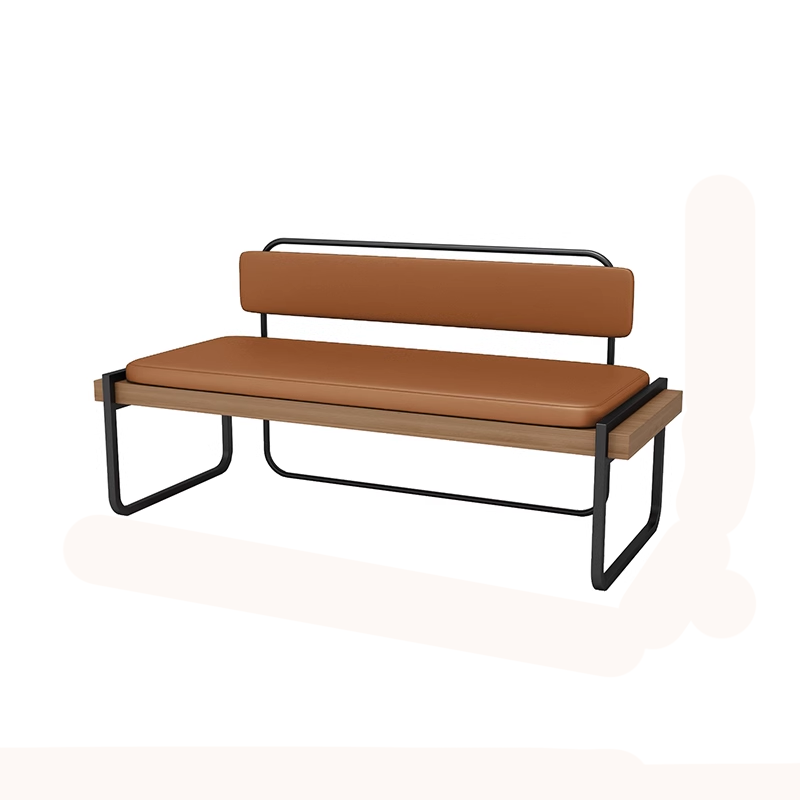 Modern industrial bench with brown leather cushions, metal frame, and wooden accents, measuring 120CM wide.