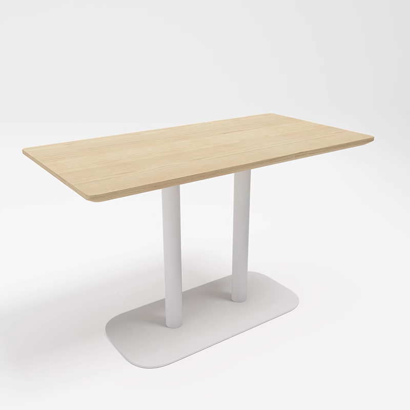 Modern dining table with a light wood top and white metal base, suitable for cafes and restaurants.