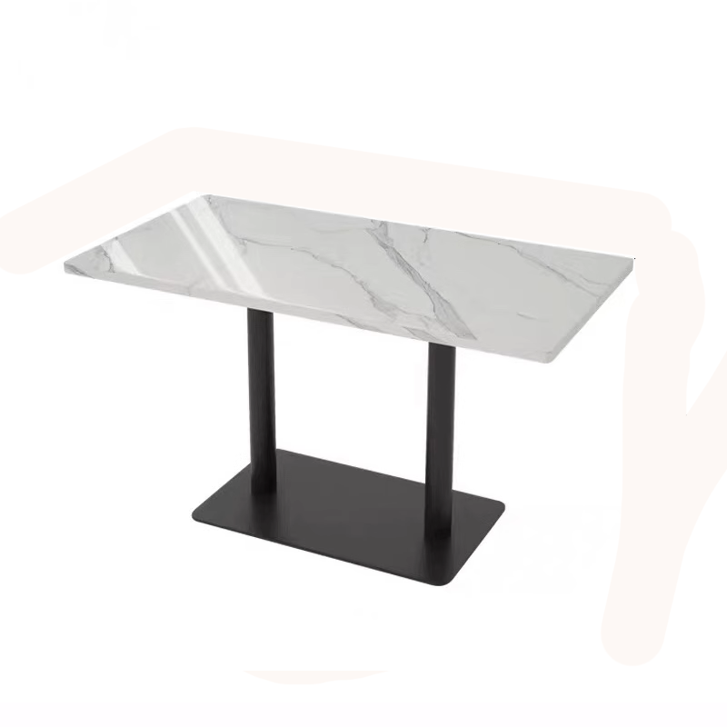 Rectangular white marble dining table with subtle gray veining, supported by sleek black metal legs and base.