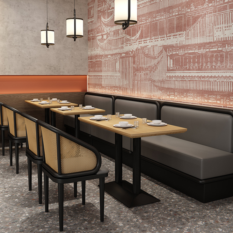 Modern restaurant interior design with wooden tables and chairs, featuring comfortable leather seating and pendant lights, perfect for dining establishments or eateries.