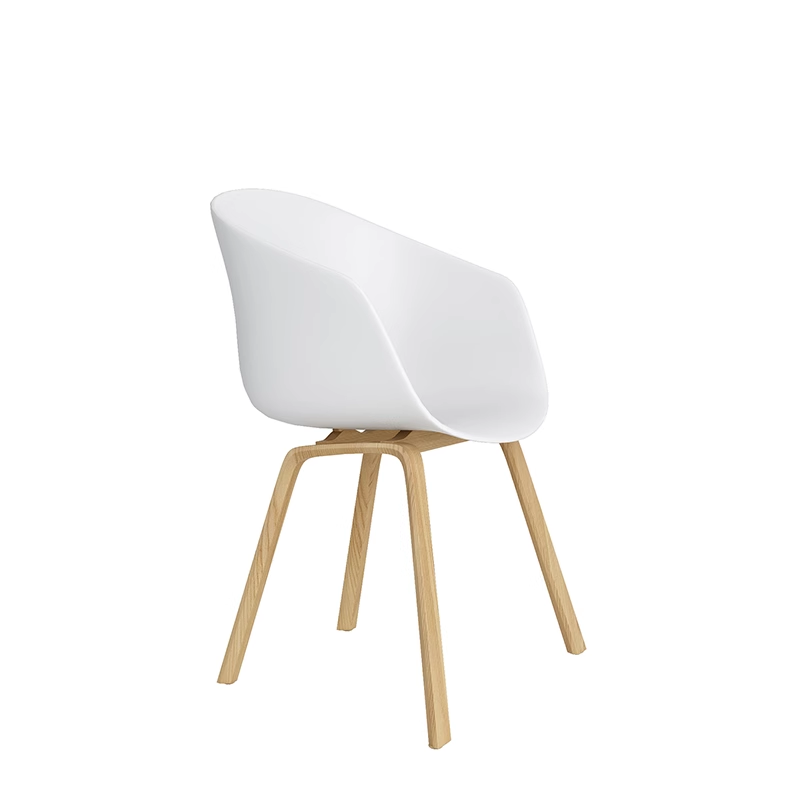 Modern white shell chair with wooden legs, perfect for contemporary dining and workspace settings