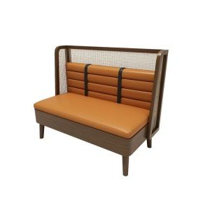 Restaurant bench with orange cushioned seating, cane accents, and a modern wooden frame, ideal for contemporary dining spaces.