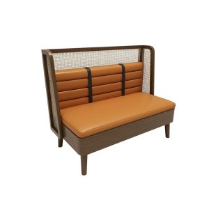 Restaurant bench with orange cushioned seating, cane accents, and a modern wooden frame, ideal for contemporary dining spaces.